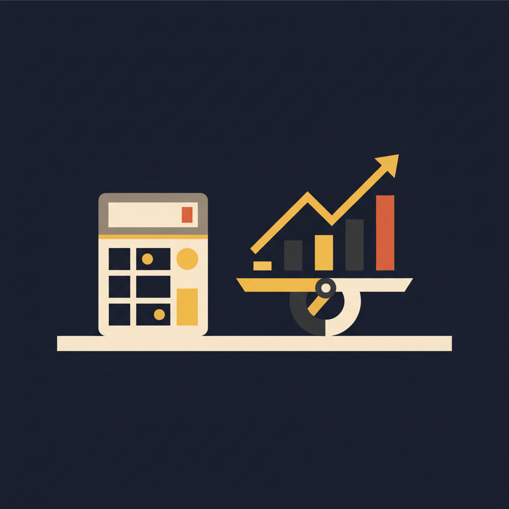 Calculatrice de bureau et graphique de coûts ascendant sur un bureau en bois, évoquant la bascule du modèle économique de l'IA pour les PME