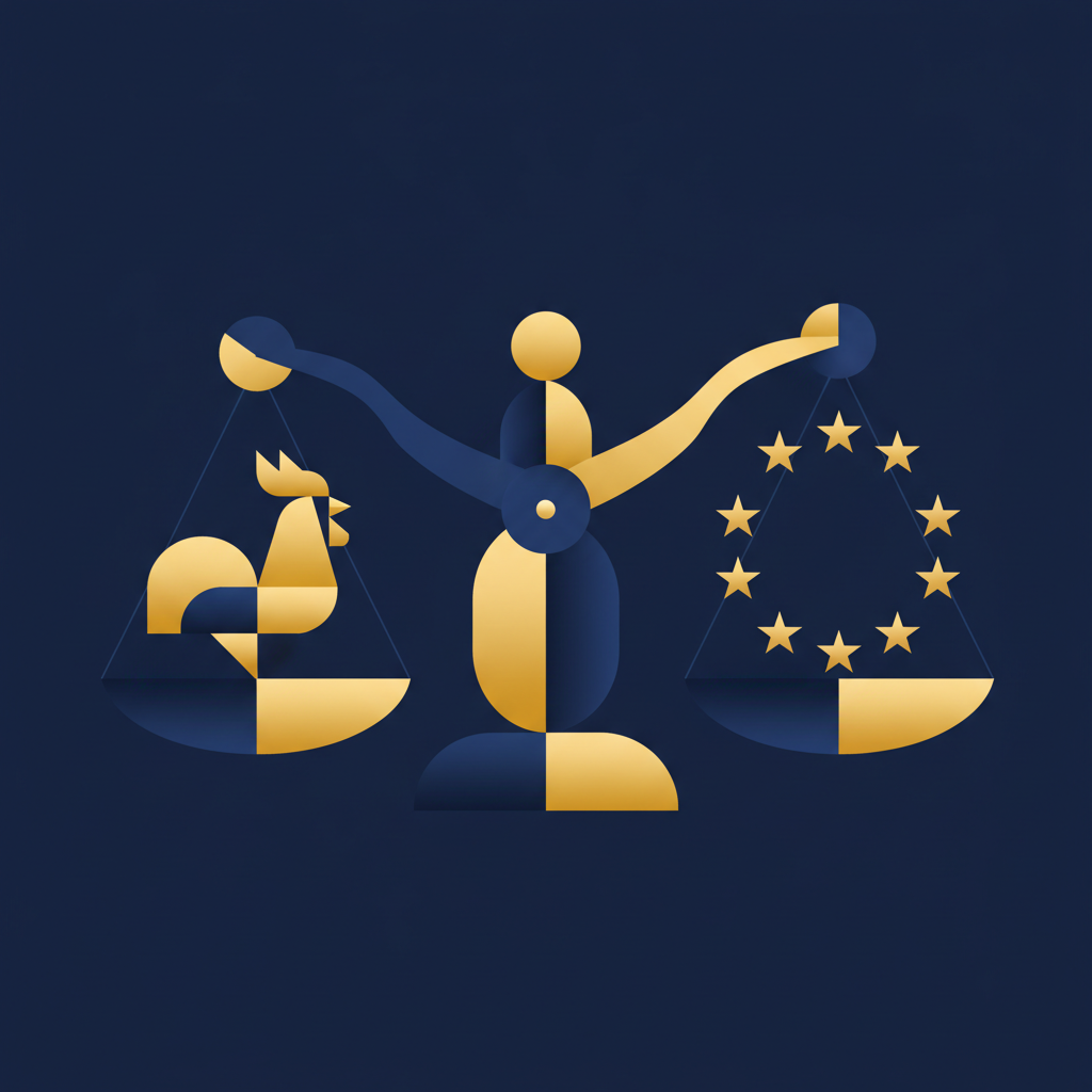 Balance de la justice stylisée avec étoiles européennes symbolisant le contrôle de l'IA Act en France