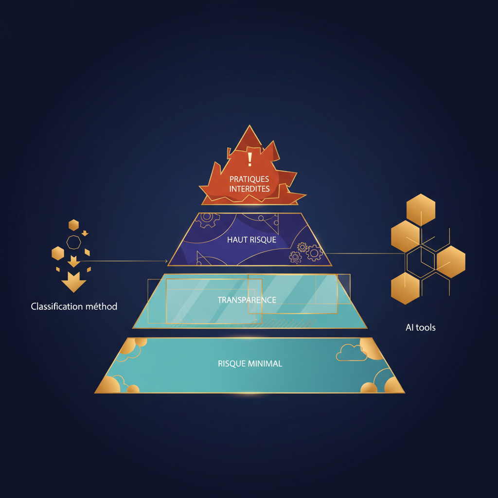 Pyramide à quatre niveaux colorés représentant les niveaux de risque de l'IA Act