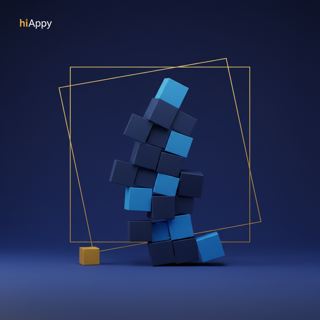 Pile de cubes bleu nuit qui penche dangereusement, et un petit cube jaune stable posé à côté : la course au toujours plus en IA face aux bases à maîtriser