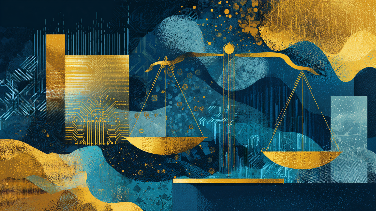 Illustration symbolisant la justice et l'intelligence artificielle avec une balance et des circuits numériques.
