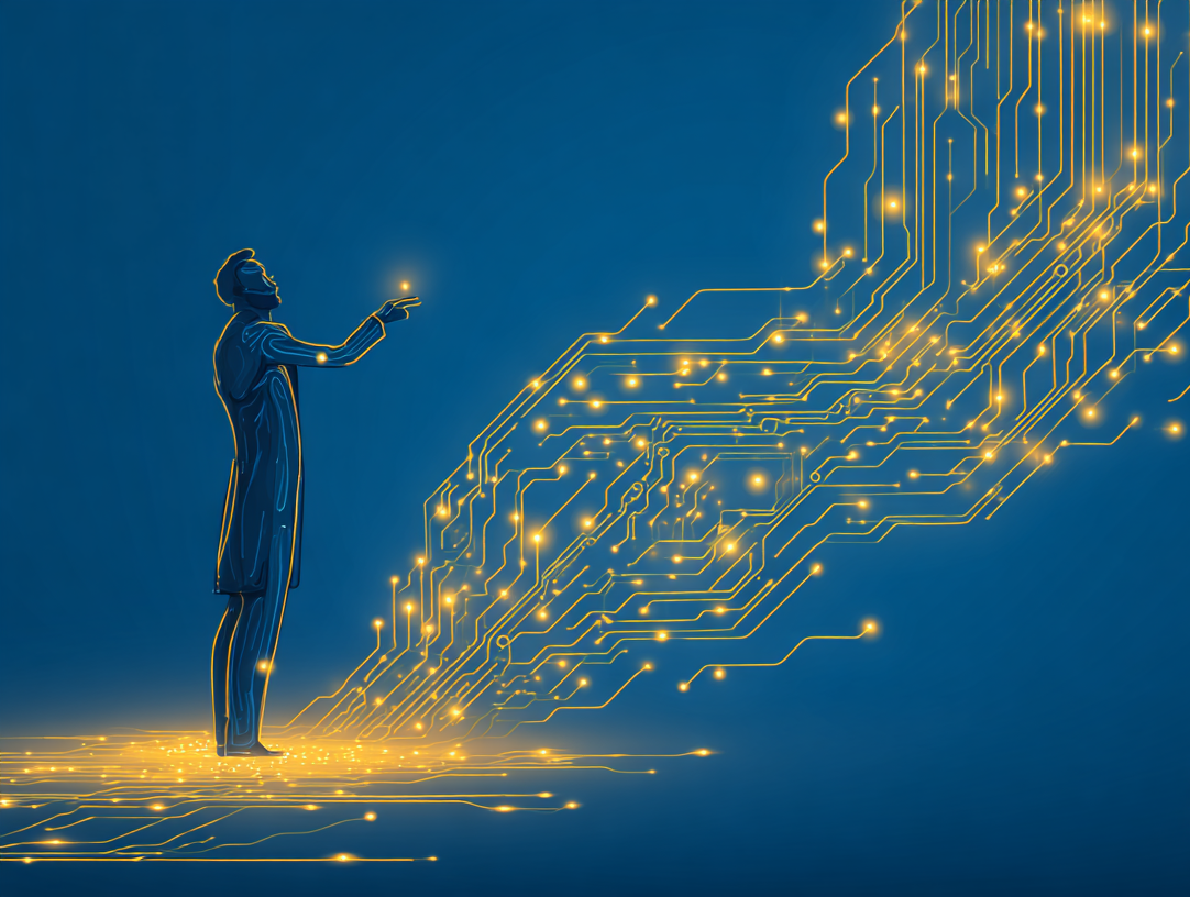 Illustration d'un développeur supervisant des agents d'intelligence artificielle codant en temps réel sur plusieurs écrans.